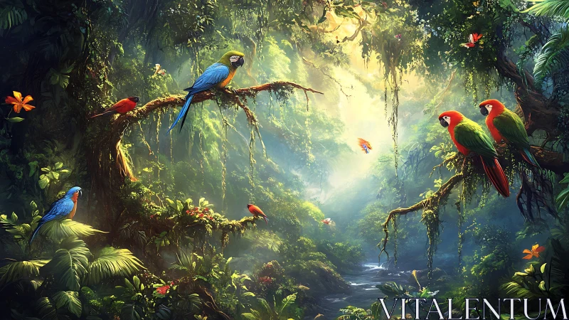 Colorful parrots on branches in dense rainforest clearing.