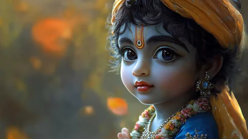 Digital painting of ornate child deity with large eyes.