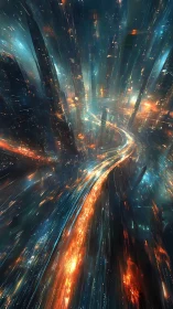 Neon data-stream boulevard curves through vertical cybercity