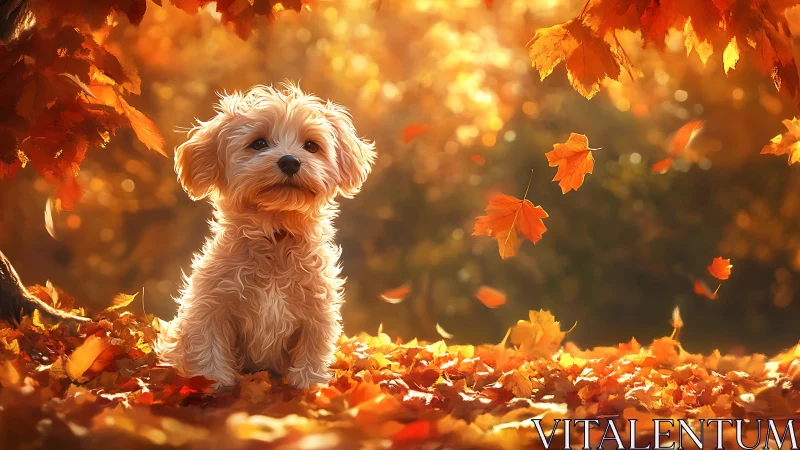 Fluffy puppy sits amid glowing autumn leaves at sunset