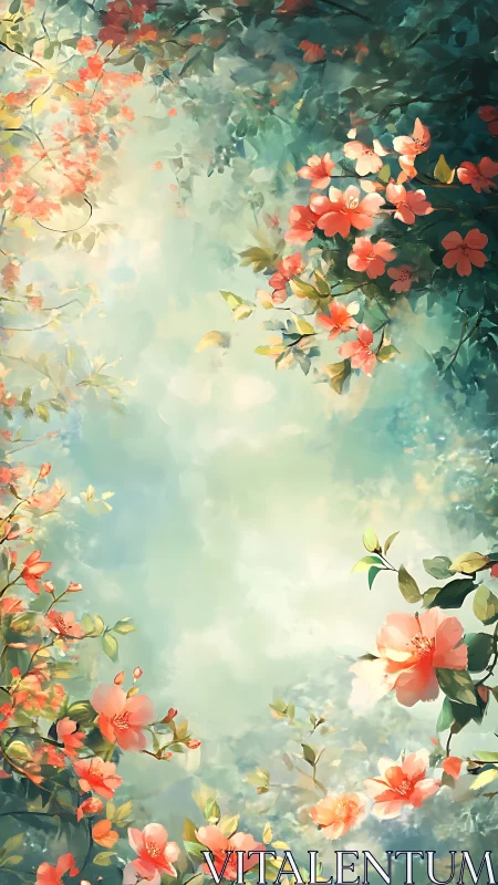 Coral blossoms drift through luminous turquoise mist.