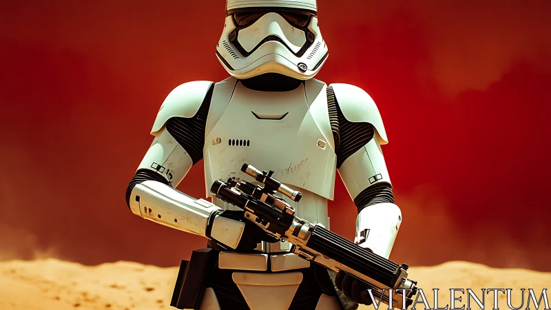 Desert soldier in white armor patrols a blazing red horizon