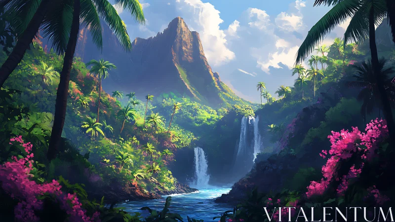 Tropical mountain valley with waterfalls and dense vegetation.