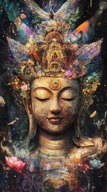 Celestial golden Buddha emerges in a cosmic lotus dreamscape