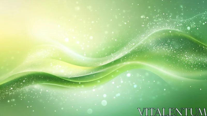 Abstract green waves with sparkling particles in soft light.