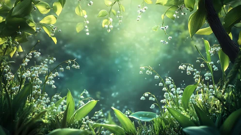 Lily of the Valley Blooms in Luminous Green Garden.