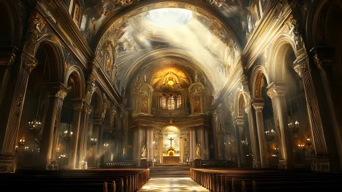 Digital painting of baroque cathedral nave with sacred light shafts.