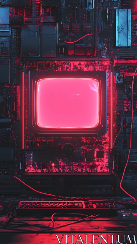 CRT terminal glows over dense circuit wall in neon magenta light