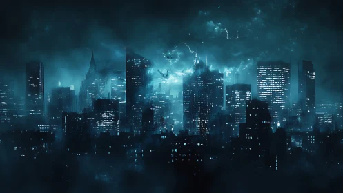 Stormlit cyberpunk skyline over dense neon metropolis.
