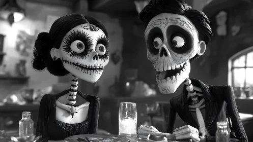 Skeleton couple share a whimsical moment at dinner table.