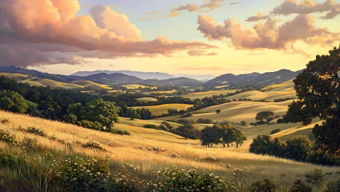 Sunlit golden hills roll beneath a softly glowing sky.