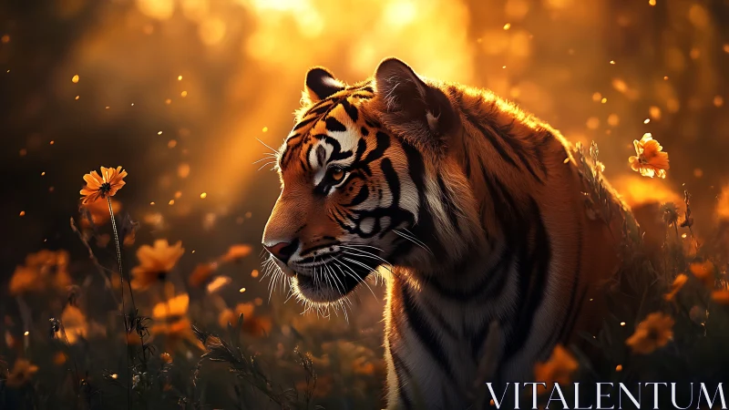 Golden backlit tiger in wildflower field at sunset glow.
