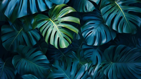 Overlapping monstera foliage in uniform dark green tones.