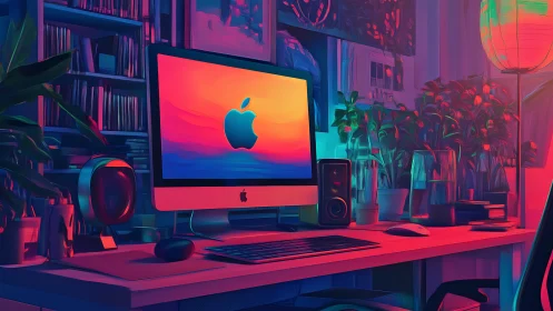 Color-soaked creative desk glows around a sleek iMac display