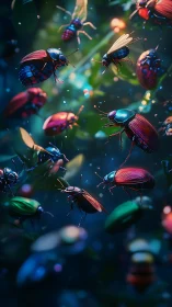 Bioluminescent jewel beetles in dense nocturnal forest swarm