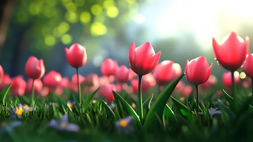 Red tulips in morning light with selective focus composition