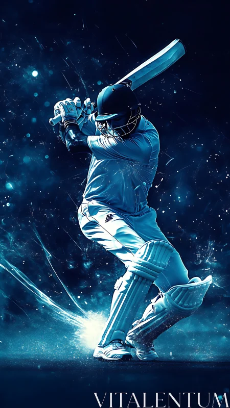 Cosmic cricket batter carves a luminous shot through night.