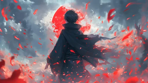 Crimson moon wanderer dissolving into storm of embers.