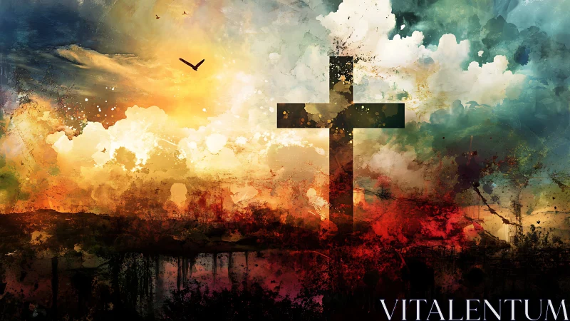 Digital painting of silhouetted cross in abstract sunrise sky.