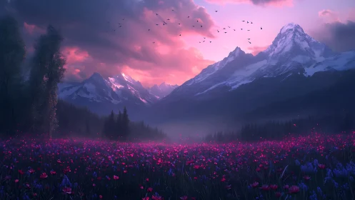 Twilight alpine meadow renders luminous contrast against mountains