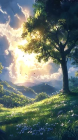 Backlit hillside tree anchors sunlit valley under volumetric clouds