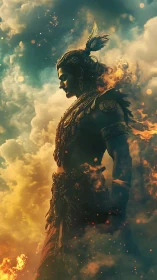 Mythic armored figure in clouds with fire elements profile.