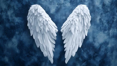 Elegant White Angel Wings on Blue Textured Artistic Background.