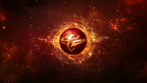 Centralized circular emblem integrates with glowing circuit ring