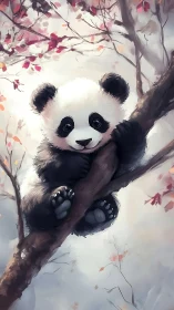 Baby panda resting on tree branch in soft autumn light.
