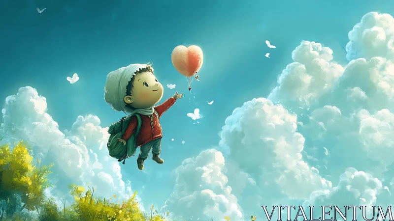 Child figure suspended in stratocumulus cloud formation with heart-shaped balloon.