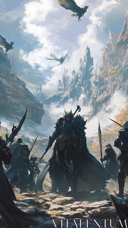 Armored dark vanguard beneath soaring drakes in glacial pass