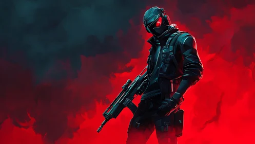 Tactical cyber-operator in red atmospheric smoke field.