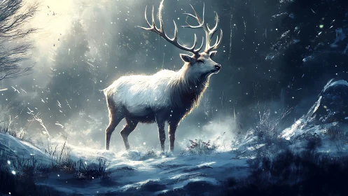 Gentle winter stag standing quietly in a moonlit forest.