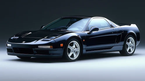 Midnight blue sports coupe in controlled studio side angle shot.