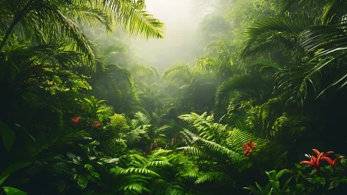 Tropical forest canopy with diffused sunlight and red flowering plants.