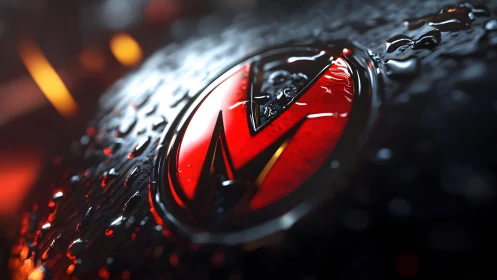 Bold red metallic emblem with water droplets, cinematic macro style.