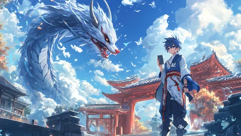 Celestial dragon manifests above shrine gate as boy checks smartphone