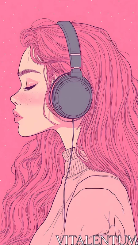 Digital line-art portrait in monochrome pink profile study.