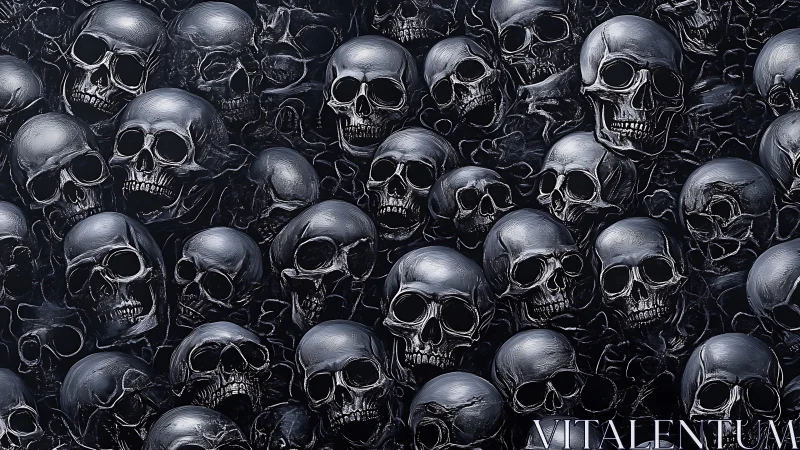 Monochrome metallic skull field in dense repeating relief pattern.
