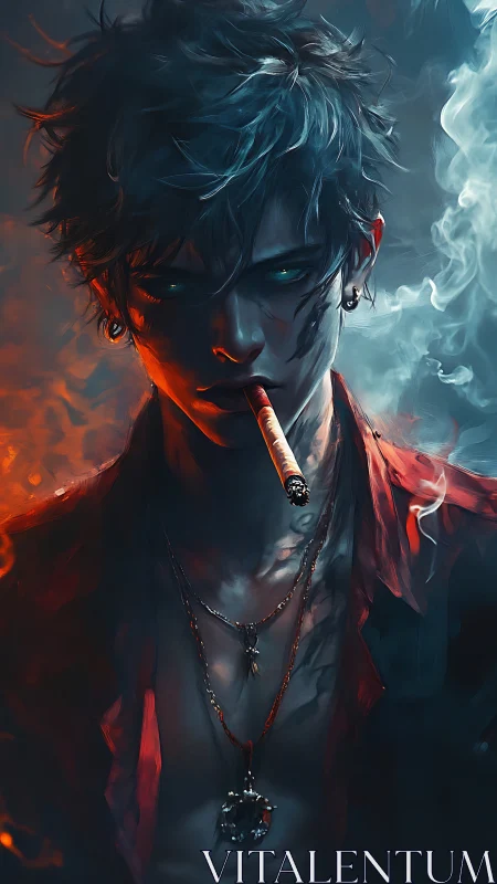 Moody anime rebel exhales ember-lit smoke in darkness.