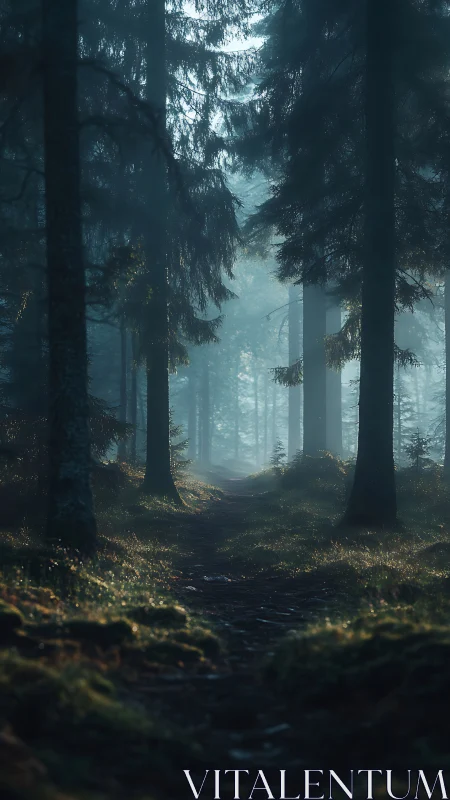 Misty Forest Path Through Towering Conifers.