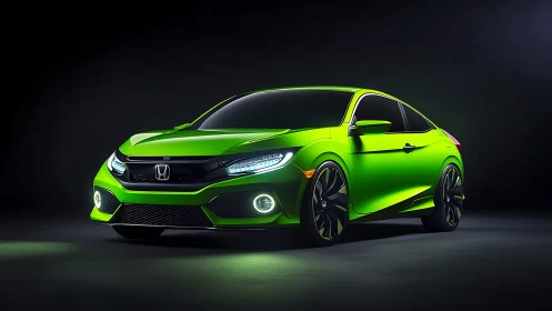 Lime-green compact coupe rendered with high-gloss reflections and studio rim lighting