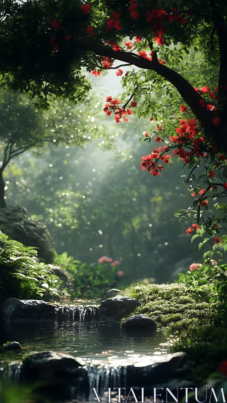 Quiet blossoms lean over a secret forest mirror of light