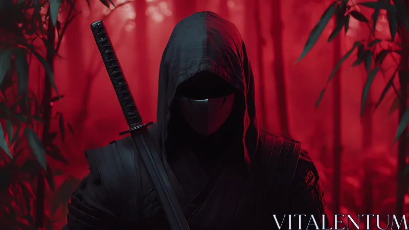 Shadowed ninja in red bamboo forest, poised in quiet power.