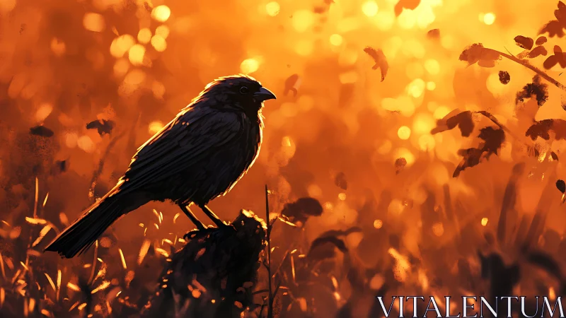 Silhouetted Songbird Against Warm Bokeh Garden Setting.