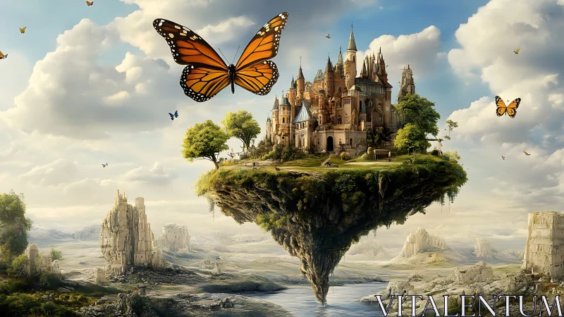 Skyborne castle isle under monarch-bright daydream skies.