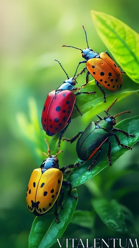 Macro study of multicolored beetles on dewy green foliage