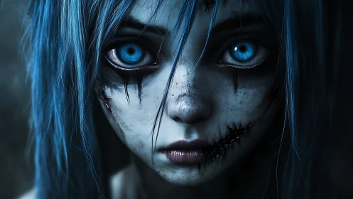 Haunted blue-eyed doll studies you with stitched-quiet grief