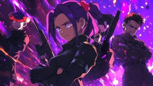 Neon firefight squad glows against a storm of cosmic sparks.