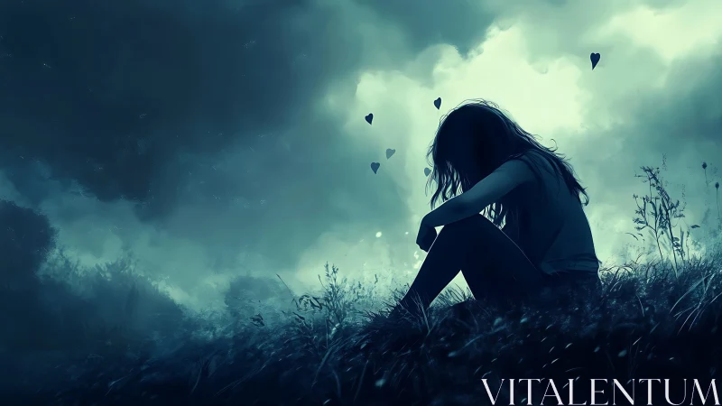 Softly lit hillside girl quietly resting beneath stormy skies